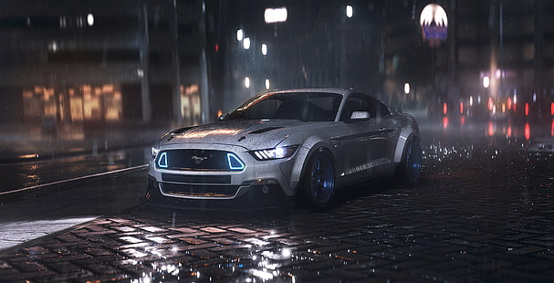 silbernes Ford Mustang Coupé, Mustang, Ford, Dunkel, Auto, Front, Nacht, RTR, Regen, 2016, Musle, HD-Hintergrundbild HD wallpaper