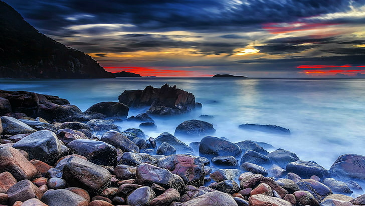 piedras, naturaleza, orilla, mar, agua, cielo, costa, roca, crepúsculo, océano, atardecer, horizonte, puesta de sol, Fondo de pantalla HD