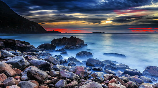 stones, nature, shore, sea, water, sky, coast, rock, twilight, ocean, dusk, horizon, sunset, HD wallpaper HD wallpaper