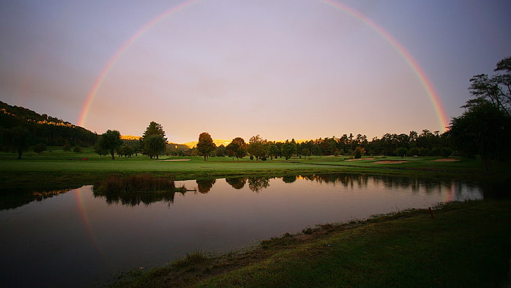 green leafed tree, landscape, rainbows, pond, golf course, reflection, HD wallpaper
