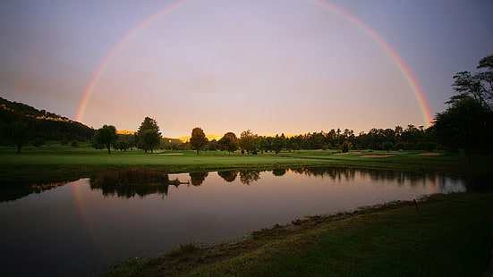 green leafed tree, landscape, rainbows, pond, golf course, reflection, HD wallpaper HD wallpaper