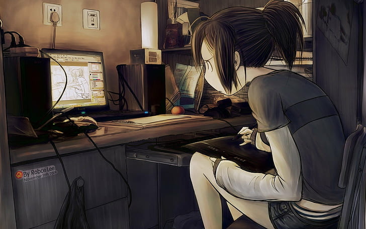 Anime Girls, brunette, computer, Graphics Tablets, Meta, HD wallpaper