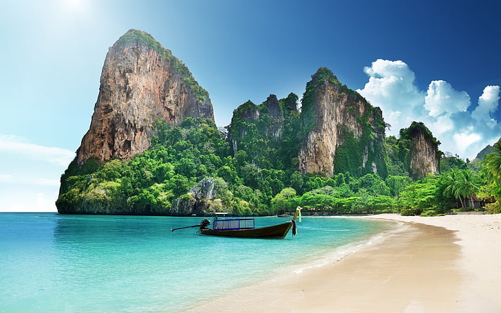 морска и планинска забележителност, природа, пейзаж, плаж, хълмове, лодка, Тайланд, HD тапет