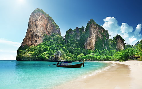 море и горы ориентир, природа, пейзаж, пляж, холмы, лодка, Таиланд, HD обои HD wallpaper