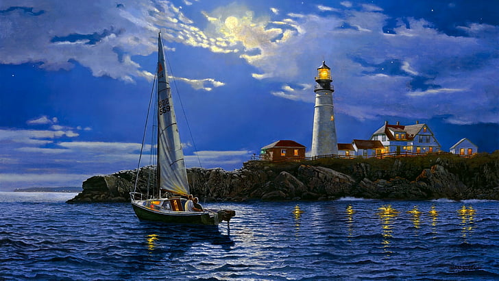 romantic, full moon, painting, painting art, moonlight, moon, evening, sailboat, boat, cloud, portland head light, coast, ocean, calm, water, lighthouse, sailing, tower, sky, HD wallpaper