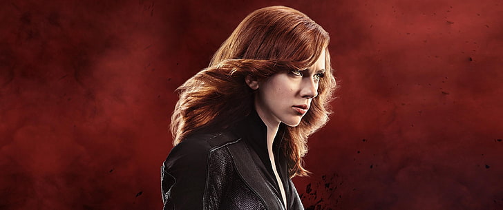 Scarlett Johansson, aktris, latar belakang merah, berambut merah, The Avengers, wanita, Black Widow, Wallpaper HD