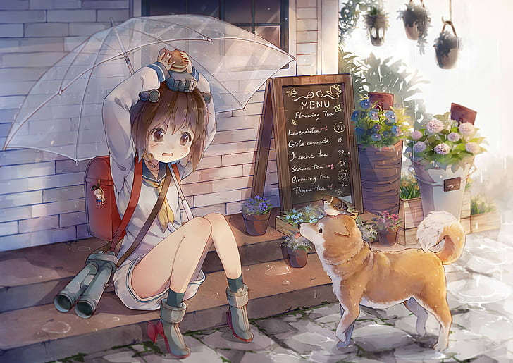 Anime, Kantai Collection, Dog, Flower, Rain, Short Hair, Umbrella, Yukikaze (Kancolle), HD wallpaper