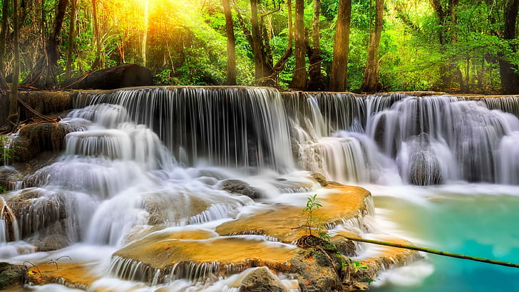 waterfall, water, erawan waterfall, erawan national park, thailand, stream, nature reserve, limestone, national park, creek, landscape, HD wallpaper