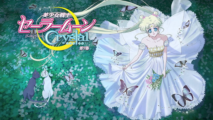 Sailor Moon, anime girls, cat, butterfly, brides, HD wallpaper