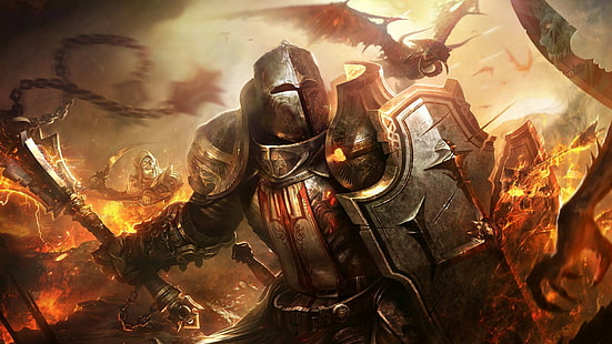 tentara salib, perisai, seni fantasi, Diablo 3: Reaper of Souls, dragon, knight, Wallpaper HD HD wallpaper