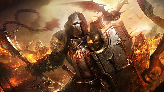 cavaliere con scudo e illustrazione di mazza, fantasy art, drago, scudo, Diablo 3: Reaper of Souls, crociati, Sfondo HD HD wallpaper
