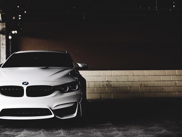 white BMW M3, car, front view, lights, HD wallpaper