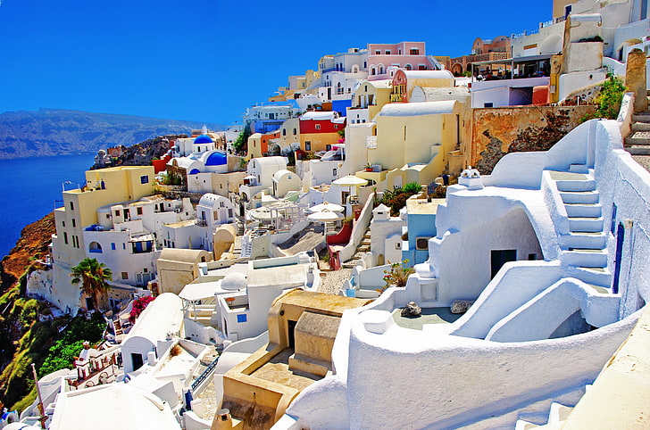escalier blanc, mer, nature, maison, Santorin, Grèce, Oia, Fond d'écran HD