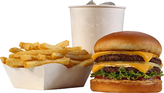 potato fries, french fries, glass, bun, burger, HD wallpaper HD wallpaper
