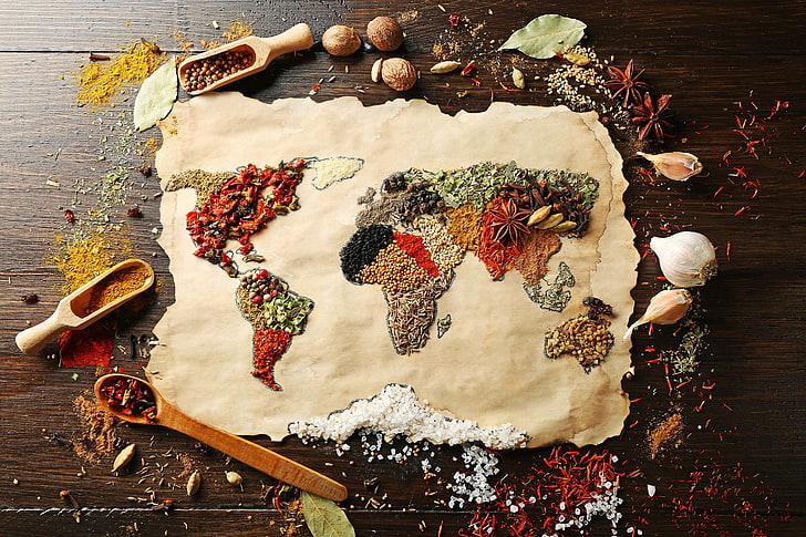 mapa de mundo de especiarias de cores sortidas arte, especiarias, comida, mundo, HD papel de parede