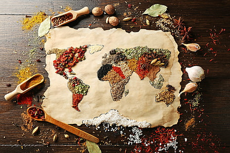 mapa de mundo de especiarias de cores sortidas arte, especiarias, comida, mundo, HD papel de parede HD wallpaper