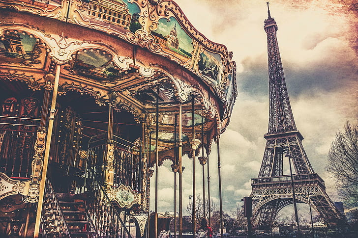 파리, 회전 목마, 에펠 탑, HD 배경 화면