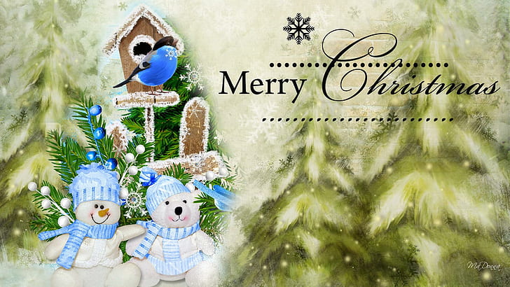 Snowman Teddy Bear, snowflakes, christmas, frost, bird houjse, tree, feliz navidad, bird, whimsical, snowman, teddy bear, HD wallpaper
