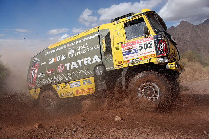 yellow and black haul truck, trucks, dirt, Dakar Rally, HD wallpaper