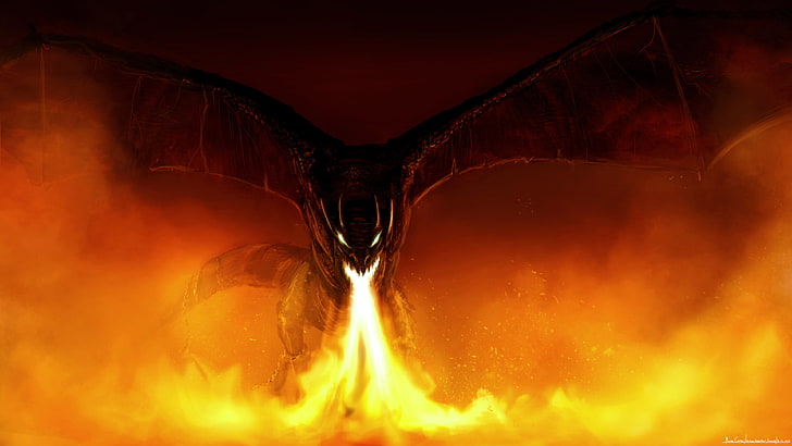 black fire dragon digital wallpaper, fiction, dragon, wings, art, mouth, fire-breathing, HD wallpaper