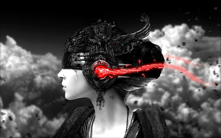 femme qui pleure portant des écouteurs fond d'écran, musique, robot, coloration sélective, profil, art numérique, femmes, visage, anneaux de nez, Fond d'écran HD