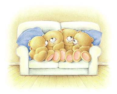 quattro illustrazioni di orsi bruni, umore, la sera, famiglia, arte, orso, conversazione, bambini, orso per sempre sulla sedia a sdraio degli amici, Sfondo HD HD wallpaper