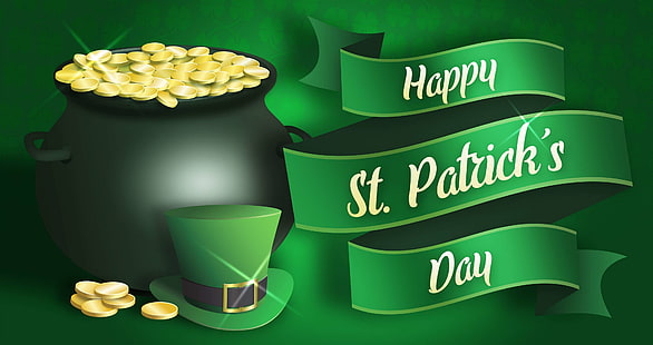 kittel, firande, mynt, händelse, festlig, grön, hälsning, lycklig, semester, irland, irländsk, leprechaun, tur, paddy, patrick, kruka med guld, band, saint patricks day, st patricks day, top hat, treasure, HD tapet HD wallpaper