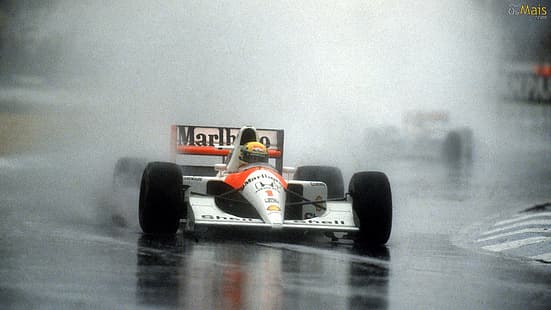 Formula 1, McLaren, Mclaren Mp4, Marlboro, Ayrton Senna, helm, hujan, Wallpaper HD HD wallpaper