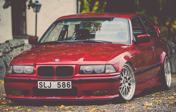 червен BMW E36 седан, тунинг, BMW, червен, стойка, E36, HD тапет