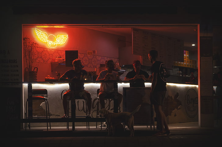 Marvin Meyer, grupo de pessoas, neon, comer, sentar-se, cachorro, hambúrgueres, HD papel de parede
