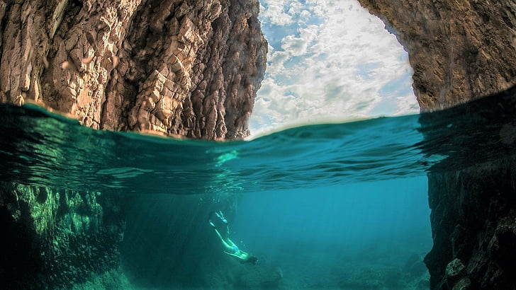 Fotografía, Océano, Cueva, Roca, Buceador, Mar, Bajo el agua, Fondo de pantalla HD