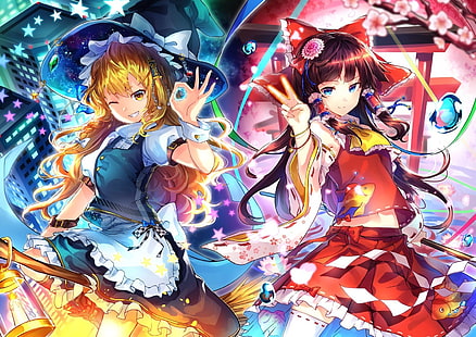 anime, Hakurei Reimu, Kirisame Marisa, touhou, Tapety HD HD wallpaper