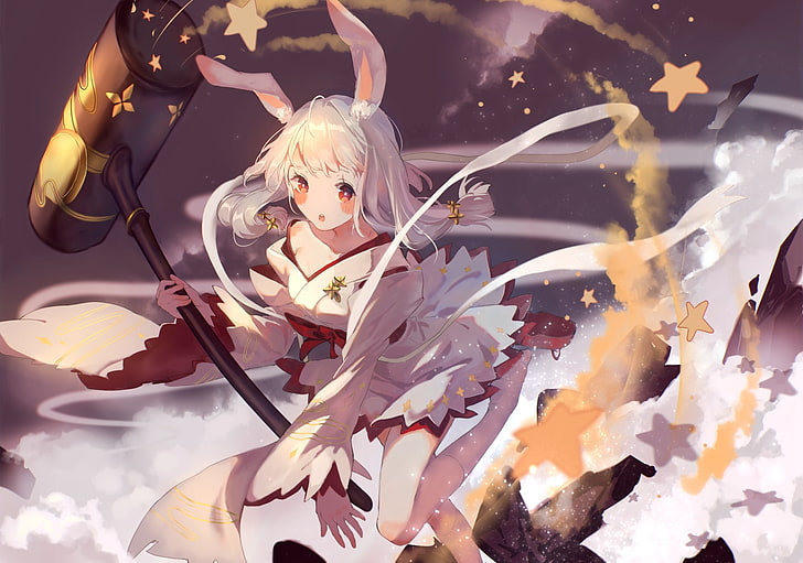 bunny girl, anime girl, animal ears, cute, white hair, traditional clothes, Anime, HD wallpaper