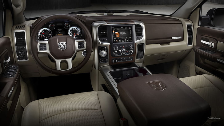 black and gray car interior, Dodge RAM, car interior, vehicle, Dodge, car, HD wallpaper