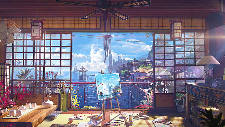 ocean view, room, digital art, anime, painting, clutter, Japanese, HD wallpaper