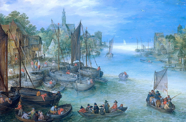picture, boats, River Landscape, Jan Brueghel the elder, HD wallpaper