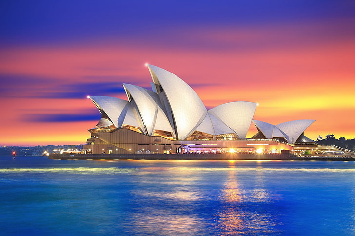 Изработено от човека, опера в Сидни, Австралия, небе, залез, Сидни, пристанище в Сидни, HD тапет