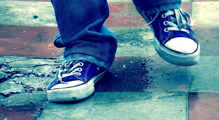pair of blue-and-white low-top sneakers, legs, shadows, shoes, sneakers, HD wallpaper