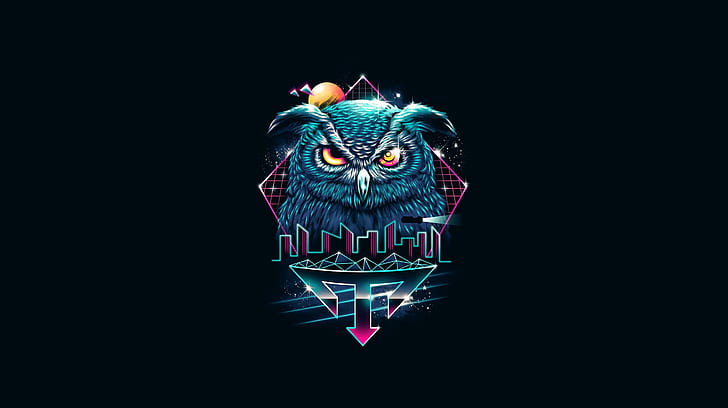 Minimalism, Figure, Owl, Bird, Art, by Vincenttrinidad, Vincenttrinidad, by Vincent Trinidad, Vincent Trinidad, Cyber Animod Owl, Neon infused 80’s Classic Retro Styled, Nocturnal Animod, HD wallpaper