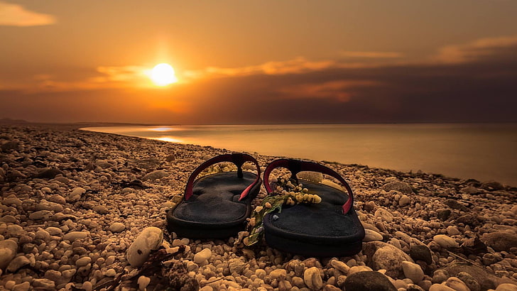 sandal jepit, pantai, laut, batu, Wallpaper HD
