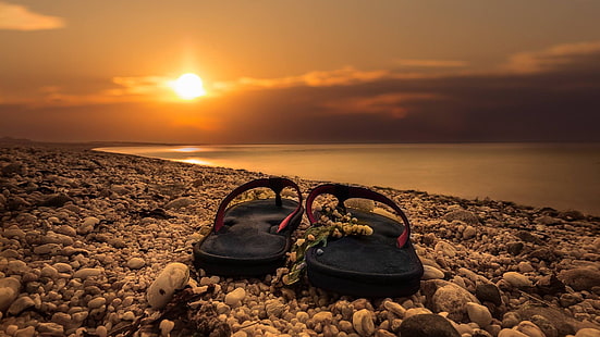 sandal jepit, pantai, laut, batu, Wallpaper HD HD wallpaper
