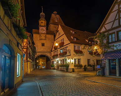  street, building, home, gate, Germany, Bayern, night city, bridge, Bavaria, Rothenburg, HD wallpaper HD wallpaper