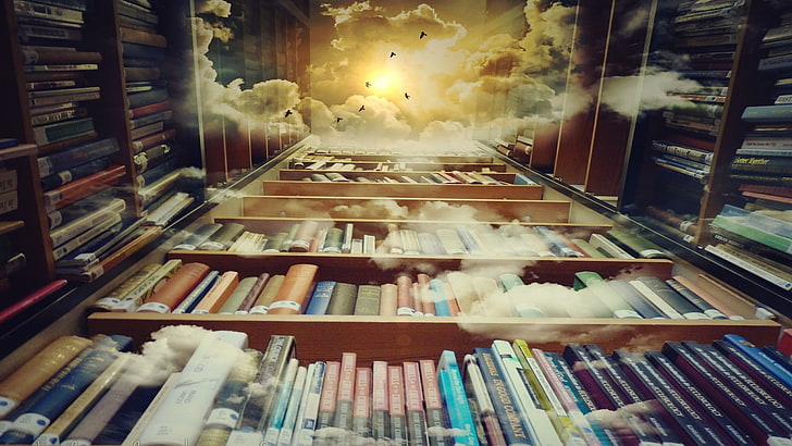 books in shelf painting, sky, books, clouds, brain, studying, culture, HD wallpaper