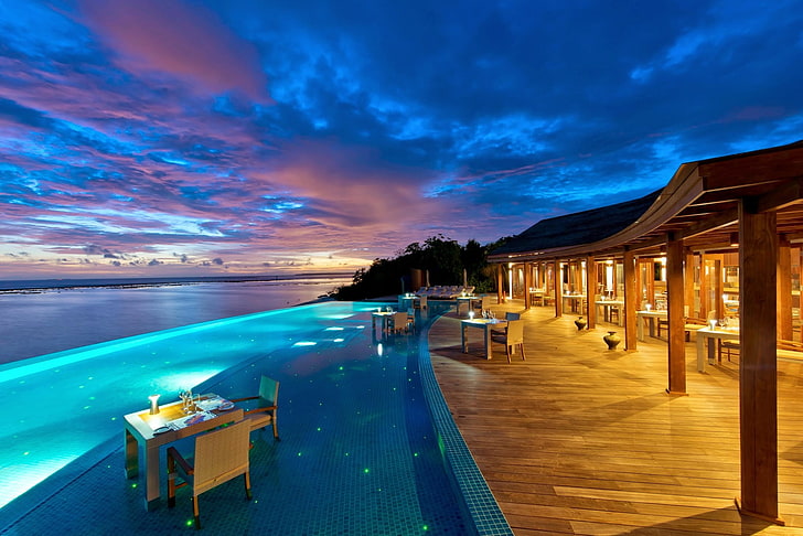 white metal table, holiday, sunset, resort, sea, swimming pool, restaurant, horizon, HD wallpaper