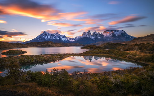 South America, Chile, Patagonia, Andes mountains, lake, sunset, South, America, Chile, Patagonia, Andes, Mountains, Lake, Sunset, HD wallpaper HD wallpaper