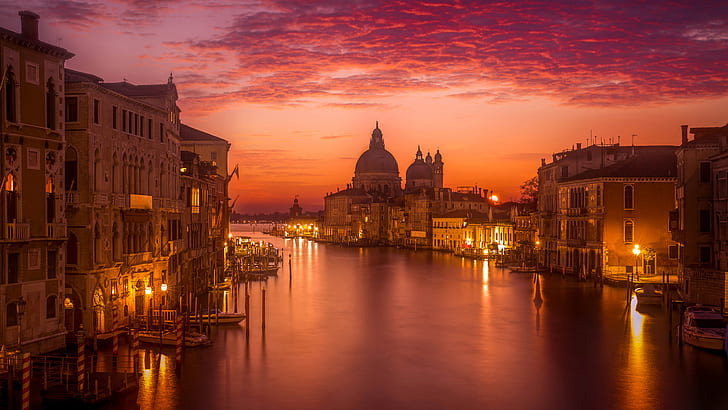 Katedral Italia, Santa Maria della, lampu malam, Venesia, langit, awan, sungai, Italia, katedral, lampu malam, Venesia, langit, awan, sungai, Wallpaper HD
