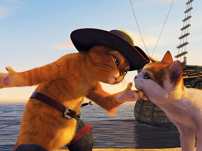 Ilustración de gato con botas, gato, dibujos animados, barco, sombrero, paseo marítimo, Shrek, espada, Fondo de pantalla HD HD wallpaper
