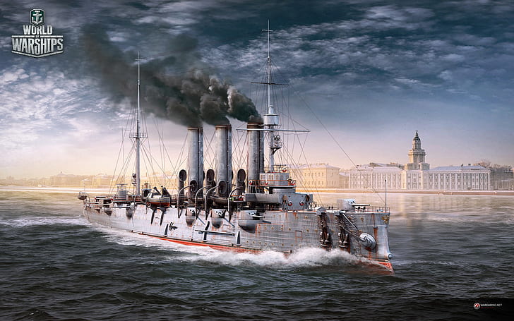 Aurora, San Petersburgo, gráficos del buque de guerra mundial, barco, San Petersburgo, crucero, Aurora, worldofwarships, Fondo de pantalla HD