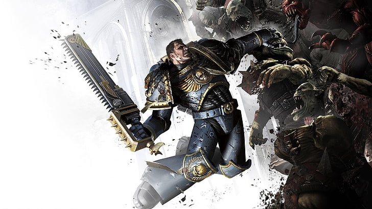 мужчина держит увидел характер иллюстрации, Warhammer 40000, прыжок, монстры, пистолет, кровь, HD обои