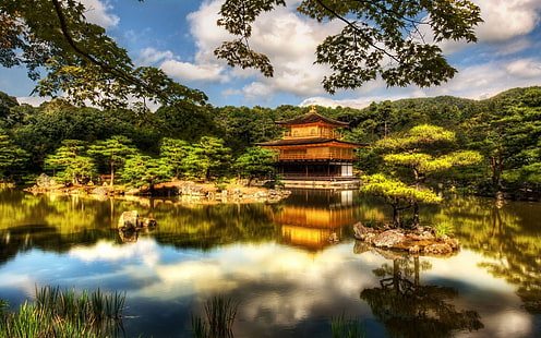 Храм, павилион, Киото, Япония, дървета, езеро, пейзажна фотография на плаващо бунгало, храм, павилион, Киото, Япония, дървета, езеро, HD тапет HD wallpaper